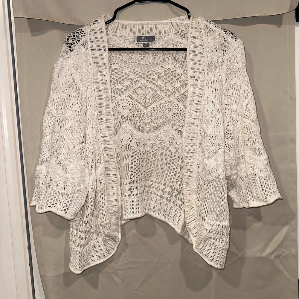 JM COLLECTION - Plus Size White Crocheted Shrug/Bolero Cardigan - Picture 2 of 5